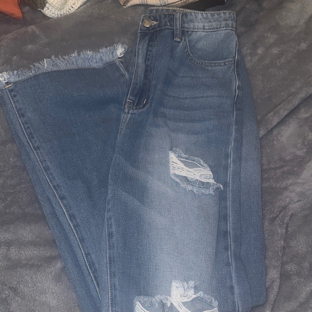 SHEIN Blue Distressed Flare Jeans